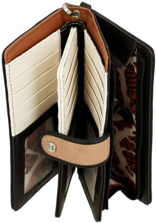 Дамски портфейл Anekke Alma (18 x 10 x 3 см) в кафяво и бежово е отворен, със слотове за карти, два прозрачни джоба за документи, RFID защита и джоб с цип с шарена подплата.-8