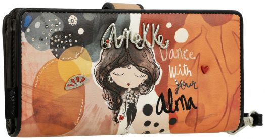 Дамски портфейл Anekke Alma 18 x 10 x 3 см с илюстрирано момиче, абстрактни мотиви, капси, надписи "Anekke" и "Dance with your alma", детайли сърце и цитрус, плюс RFID защита за сигурност.-1