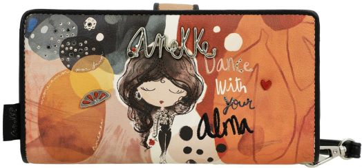 Дамски портфейл Anekke Alma 18 x 10 x 3 см с илюстрация на момиче с кафява коса, абстрактни мотиви, метални капси, RFID защита и надпис "Anekke dance with your alma", декориран с червено сърце.-2