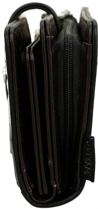 Близък страничен изглед на дамски портфейл Anekke Alma (18 x 10 x 3 см.) в черен цвят, голям размер, показващ множество отделения и видима част с цип.-4