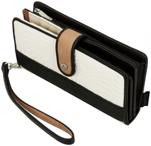 Дамски портфейл Anekke Alma (18x10x3 см) - голям, с черно-бял дизайн и бежов акцент, копче за закопчаване, удобна киткова каишка и множество отделения за карти и кеш - съчетава сигурност със стил.-5