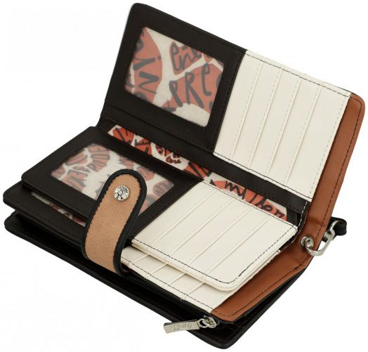 Дамски портфейл Anekke Alma (18 x 10 x 3 см) в черно, кафяво и бежово, с RFID защита, много отделения за карти, прозорци за документи, джоб с цип за монети и шарена текстилна подплата.-6