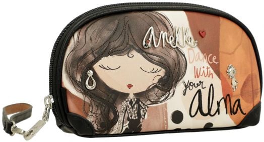 Чантичка с цип с илюстрирано момиче със затворени очи, обеци и вълнообразна коса. Текстът "Anekke Dance with your Alma" (Танцувай с твоята Алма) и декоративни талисмани украсяват този дамски портфейл Anekke Alma 20 x 12 x 5 см. Перфектна като портфейл или-1