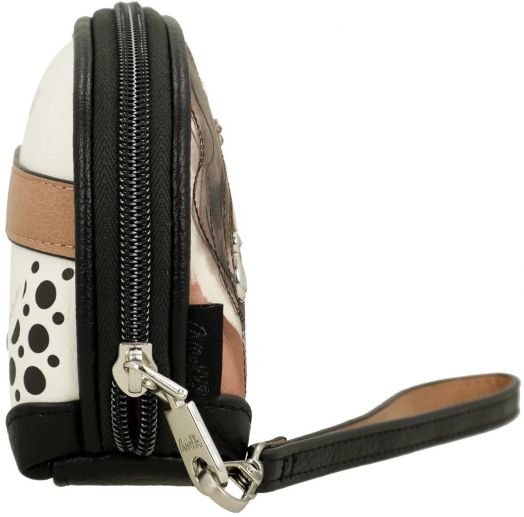 Дамски портфейл Anekke Alma (20 x 12 x 5 см) е малко портмоне за китка с черен цип, кожена каишка, страничен изглед, показващ бяло с черни точки и акценти от тен, както и RFID защита за по-голяма сигурност.-4