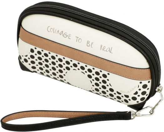 Дамски портфейл Anekke Alma (20x12x5 см) с цип, черно-бели и бежови точки, надпис COURAGE TO BE REAL отпред и RFID защита за сигурност.-5