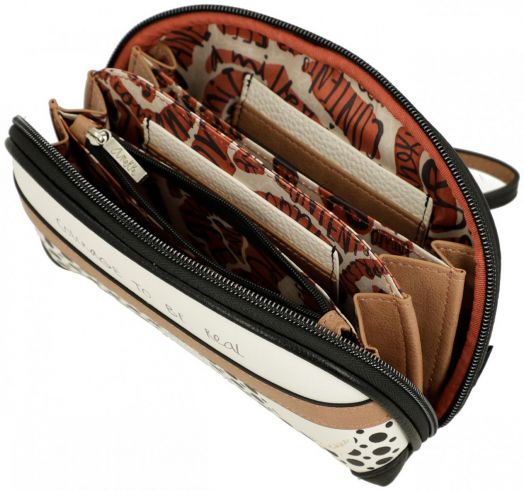 Дамски портфейл Anekke Alma (20x12x5 см) има отворен дизайн с цип и множество отделения, цветна вътрешна част с абстрактни шарки, RFID защита, достатъчно място за съхранение на карти и пари и бяла външна част с черни акценти.-7