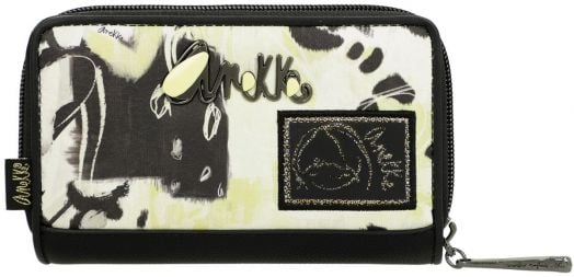 Дамски портфейл Anekke Memories Towanda 15 x 10 x 3 см с правоъгълна форма, абстрактен черно-бяло-жълт десен, метално лого, декоративен преден пач, RFID защита и брандирани елементи на ципа и етикета.-1