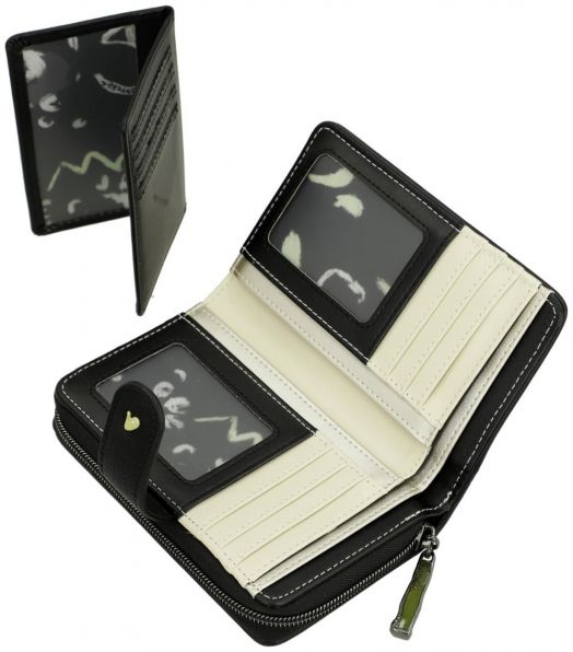 Дамски портфейл Anekke Memories Towanda (15 x 10 x 3 см) в черно и крем е показан отворен, с много слотове за карти, два прозрачни джоба, RFID защита, цип и шарена подплата. Една снимка е на вътрешната част, друга - на портфейла в изправено положение.-8