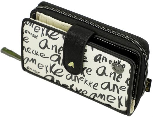 Дамски портфейл Anekke Memories Towanda (15x10x3 см), черно-бял, с RFID защита, копче, надпис "Anekke" в различни стилове, много отделения и цип.-3