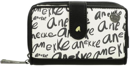 Дамски портфейл Anekke Memories Towanda (15x10x3 см) в черно и бяло с RFID защита, цип и закопчаване. Отпред пише "Anekke" ръкописно, има метално лого и златист "A" детайл от колекцията Memories.-4
