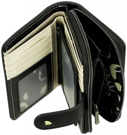 Дамски портфейл Anekke Memories Towanda (15 x 10 x 3 см): черен с кремав интериор, RFID защита, много отделения за карти, 2 прозореца за документи и джобче с цип за монети, показан отворен и изправен.-7