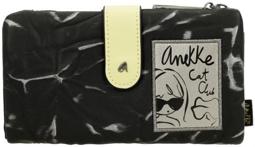 Черен дамски портфейл Anekke Memories Towanda (18x10x2 см) с жълта каишка, етикет с лепенка, рисунки на жена и котка и вградена RFID защита за вашите карти.-4