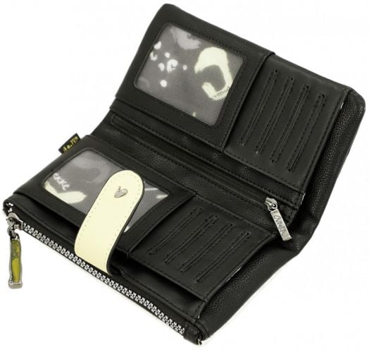 Дамски портфейл Anekke Memories Towanda 18 x 10 x 2 см в черно с бяла дръжка, RFID защита, отделения за карти, прозорче за документи, джоб с цип и декоративна подплата.-7
