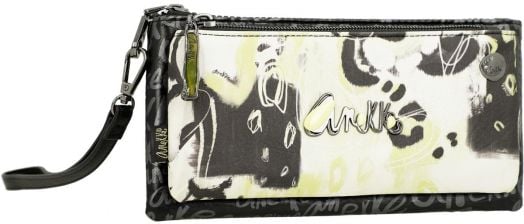 Дамски портфейл Anekke Memories Towanda (22 x 11 x 3 см) е правоъгълен дамски портфейл със сваляща се каишка, с абстрактни черни, бели и жълти шарки, вдъхновени от природата на Towanda, и надпис "Anekke Memories" отпред.-1