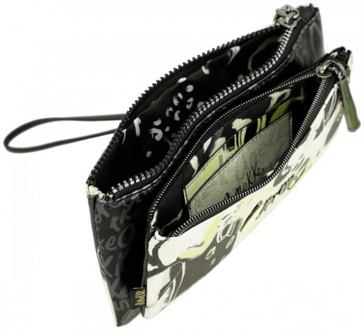 Дамски портфейл Anekke Memories Towanda (22 x 11 x 3 см) е с цип, черно-бяло-зелена шарка, отделения за карти и пари и каишка за китката - идеален за почитателите на колекцията Nature Towanda.-6