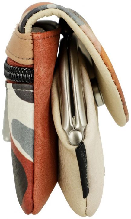 Страничен изглед на сгънат многоцветен дамски портмоне Anekke Alma 13 х 10 х 2 см с цип и метална закопчалка, с кафяви, бежови и шарени части - елегантен испански аксесоар.-3