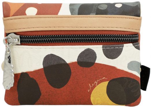 Малко дамско портмоне Анеке Алма (13х10х2 см) с цип, абстрактен десен в кафяво, черно, бежово, оранжево и жълто и декоративен сребрист цип.-4