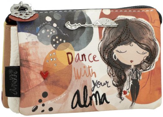 Дамско портмоне Anekke Alma 12 х 8 х 4 см с илюстрирано момиче с къдрава кафява коса, затворени очи, абстрактни мотиви, Надпис "Танцувай с твоята алма", малко червено сърце, декоративен сребърен елемент и дизайнерски детайли.-1
