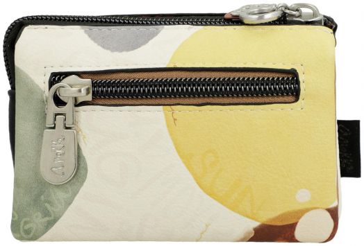 Дамско портмоне Анеке Алма 12 х 8 х 4 см с пъстър абстрактен десен в жълто, бяло и сиво, два сребристи ципа (отгоре и отпред). Стилно портмоне за монети.-4