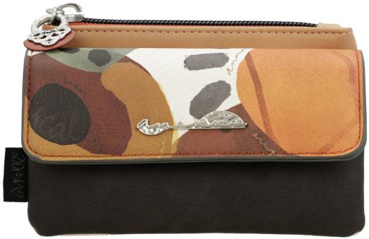Дамско портмоне Анеке Алма 14 х 8 х 3 см с кафяво-оранжев абстрактен десен, черна основа, сребриста емблема на капака и цип със синджир. Идеално стилно портмоне за монети.-2