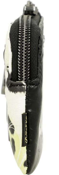 Близък страничен изглед на дамско портмоне Anekke Memories Towanda 12 х 8 х 1 см с черен плат, метален цип и бял и светлозелен флорален или абстрактен десен.-4