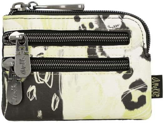Дамско портмоне Anekke Memories Towanda (12 х 8 х 1 см) е малко квадратно портмоне с абстрактен дизайн в черно, бяло и жълто, три отделения с цип, метални дръжки и страничен етикет от плат.-3