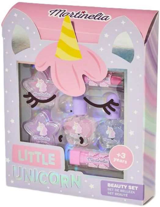 Детски козметичен комплект Martinelia - Little Unicorn е пастелно оцветен сет в кутия с рог и уши на еднорог, включващ безопасна козметика за деца над 3 години и забавни аксесоари.-1