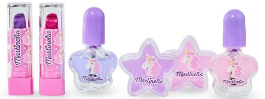 Детският козметичен комплект Martinelia - Little Unicorn включва две червила (лилаво и розово) и четири гланца за устни с форма на звезди и сърца, които предлагат цветна и безопасна детска козметика за вълшебен външен вид.-2