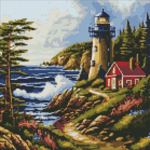 Диамантен гоблен Ideyka - Морски бряг пресъздава крайбрежен пейзаж с фар, разбиващи се вълни и малка червена къща, комбинирайки 5D ефект и ярка зеленина за визия като картини с диамантени камъчета под разкъсано небе.-1