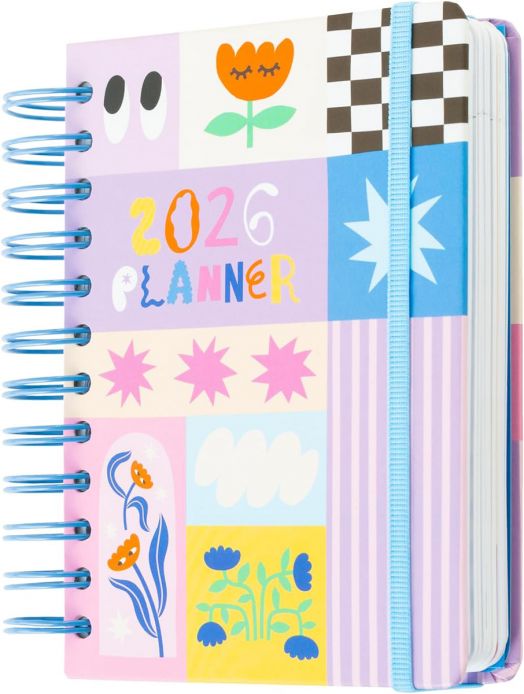 Дневен тефтер-органайзер Grupo Erik Dopamine 2026 е цветен тефтер А6 за 2026 г. със спираловидна подвързия, син ластик и причудливи цветя, звезди, шахматни шарки и абстрактни форми на корицата.-1
