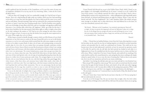 В отворената книга с твърди корици на "Дракула" (Arcturus Decorative Classics) се виждат две страници с текст, обозначени като Глава I, съдържащи само печатни абзаци с широки полета и без илюстрации, напомнящи стила на класическия готически роман.-5