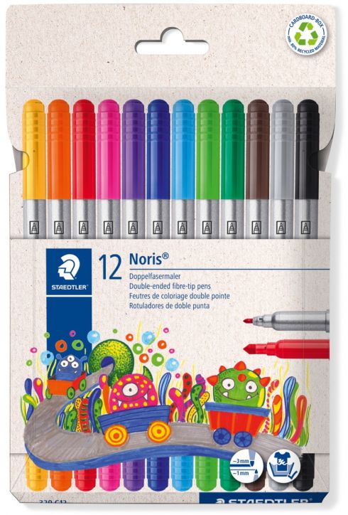 Опаковка от 12 броя Staedtler Noris 320 двувърхи флумастри в различни цветове, показани с капачките нагоре. На опаковката са изобразени анимационни чудовища на влак и червена химикалка, която рисува вълнообразна линия, налична в книжарница Orange.-1