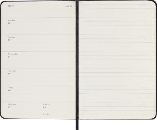 Джобен седмичен бележник-органайзер Moleskine за 18 месеца – Черен (юли 2026 – декември 2027) с дати отляво и редове за бележки отдясно, удобно разделени с черна спирала.-5