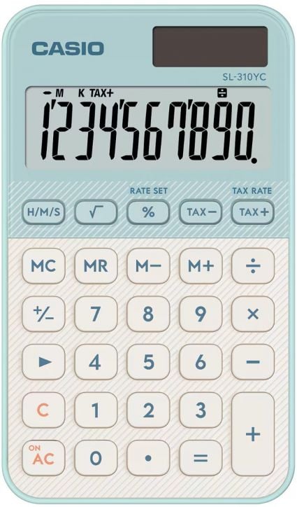 Casio SL-310YC-LG джобен калкулатор в светло зелен цвят показва 1234567890, с бели бутони за цифри, операции, данъци и памет. Модерен дизайн цветен аксесоар за вашето работно място.-1