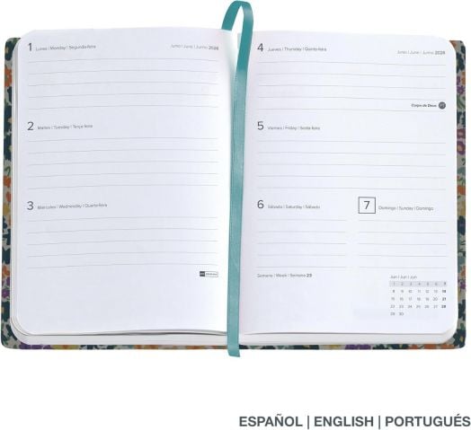 Джобен седмичен тефтер - органайзер Miquelrius Natura Impressionist 2026 разполага със седмично оформление на испански, английски и португалски език, място за бележки, малък календар за юни 2024 г. и книгоразделител с тиксо в средата.-2
