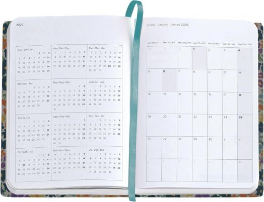 Отвореният Джобен седмичен тефтер - Оргайзер Miquelrius Natura Impressionist 2026 показва седмичен дневник за 2026 г. за януари до годишен календар, с тилова книжка и рамки с флорални мотиви.-3