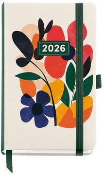 Стилен и компактен Джобен тефтер-органайзер Miquelrius Natura Mini Garden 2026 с цветна абстрактна флорална корица в червено, оранжево, жълто, зелено и синьо, зелени ластици за затваряне и държач за химикал.-1