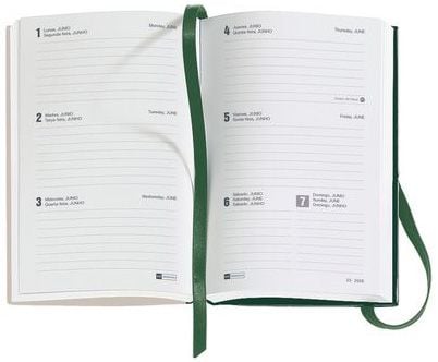 Отворен Джобен тефтер - Оргайзер Miquelrius Natura Mini Garden 2026 показва седмицата от 1 до 7 юни, с подредени страници за бележки. Зелена лента за отбелязване на страниците на компактния планер.-2