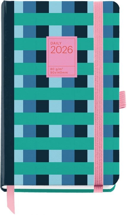 Джобен тефтер-органайзер Miquelrius Grafica Color Block 2026, ден на страница, синьо-зелена шарка, розов етикет и ластици за затваряне/химикал. Размер: 90x140 мм; хартия: 80 г/м².-1