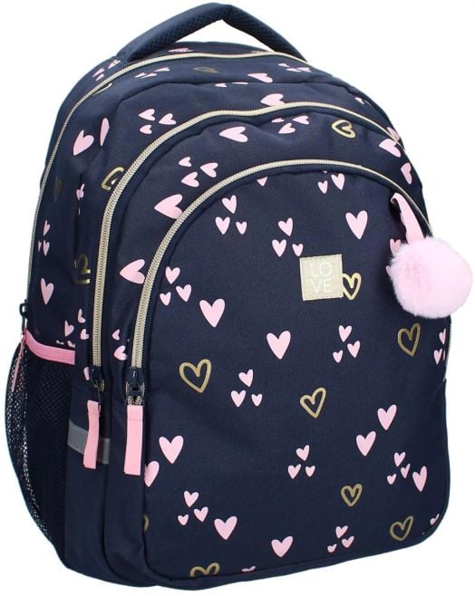 Vadobag Milky Kiss тъмносиня раница, украсена с розови и златни модели на сърца, с розови ципове, розов ключодържател с помпон, лепенка LOVE и мрежест страничен джоб - перфектната ергономична ученическа раница.-1