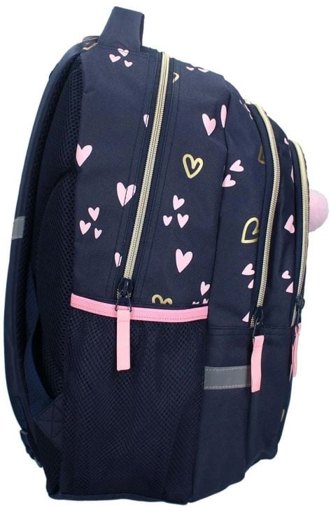 Тъмносиня чанта Vadobag Milky Kiss Heart of Gold ергономична ученическа раница с розови и жълти мотиви на сърца, три отделения с ципове с розови ципове и страничен джоб от мрежа, налична в книжарница Orange.-3