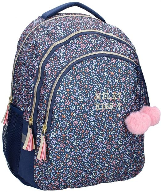 Тъмносиня чанта Vadobag Milky Kiss ергономична ученическа раница с пъстра флорална шарка, златни ципове, розови и бели пискюли и две розови пухкави помпони - предлага се в книжарница Orange. Отпред е отпечатан надпис MILKY KISS.-1