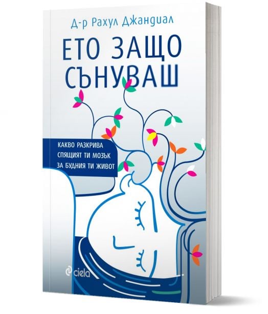 A Bulgarian book, Ето защо сънуваш от Рахул Джандиал, издаден от издателство Сиела, представя абстрактна илюстрация на спящо лице с пъстри съновидни растения, израстващи от главата.-1