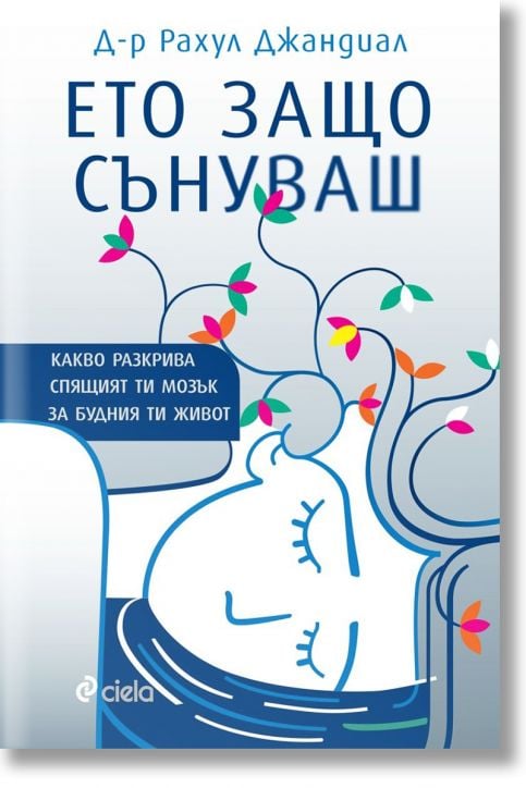Корица на книгата на български език от Рахул Джандиал, показваща абстрактен рисунък на спяща жена с цветни цветя, израстващи от главата ѝ. Заглавието "Ето защо сънуваш" е издадено от издателство Сиела.-2