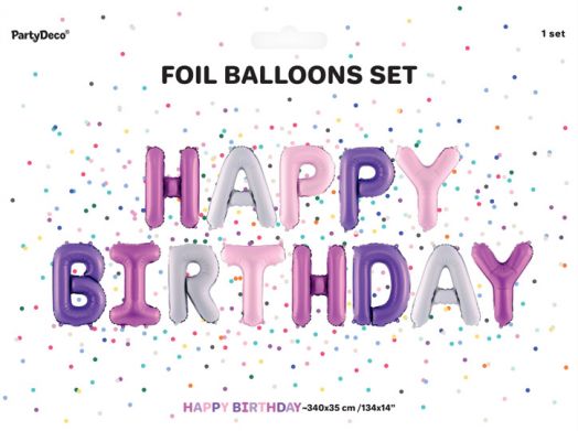 Фолиев балон PartyDeco - Happy Birthday, розов и лилав - PartyDeco - PartyDeco - Момиче - 5900779107175-3