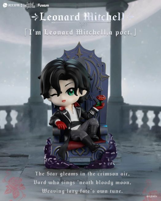 A chibi-style мини фигурка Lord of Mysteries - Invitation of Fate в костюме с черными волосами и красными перчатками сидит на троне с розой. Готический фон с колоннами и поэтичным текстом украшает композицию.-4