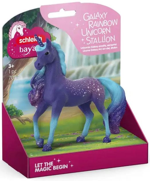 Фигурка Schleich: Еднорог жребец галактика - лилав еднорог със синя грива и опашка, украсен с бели звездички. От серията Кралство Баяла. Подходящ за деца над 3 години. Опаковката гласи: Galaxy Rainbow Unicorn Stallion.-3