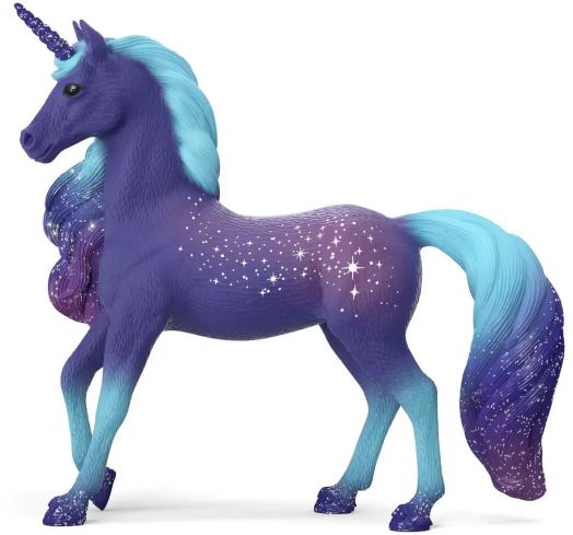 Фигурка Schleich: Еднорог жребец галактика - вдъхновена от кралство Баяла, с лилаво-син градиент, синя грива и опашка и бели звездни шарки, напомня северен жребец под сиянието на северното небе.-1