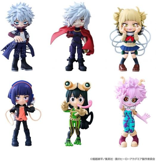 Шестте PVC фигурки My Hero Academia PalVerse Vol. 2 са разположени в две редици: трима злодеи с характерни костюми отгоре и трима герои отдолу, всеки от вашата аниме колекция, облечени в ярки костюми и в динамични пози.-1