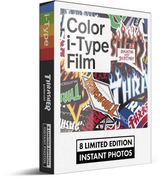 Кутия с цветни филми Филм Polaroid за i-Type - Thrasher Edition с вдъхновени от скейтборда дизайни, пламък и стикери с лого. На опаковката е отбелязано: 8 моментални снимки от лимитирана серия.-1